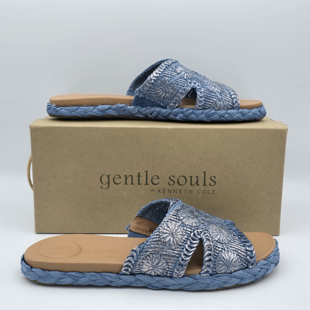 NIB Gentle Souls by Kenneth Cole Tristan Woven Slide Sandals, Zen Blue, Size 9M